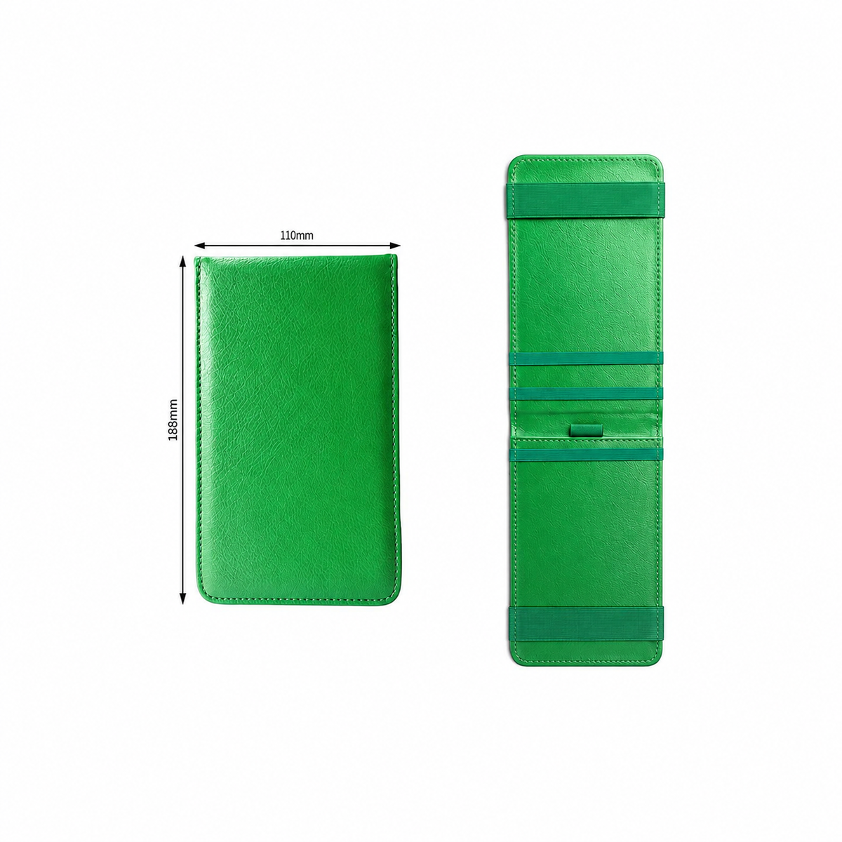 Green foldable golf scorecard holder, 188 × 110 mm, showing exterior and interior elastic straps